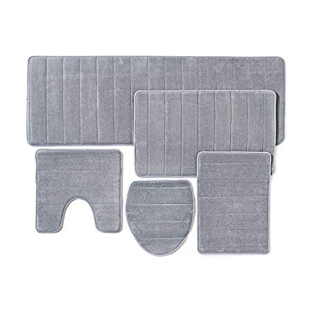 Bathroom Rug Mat, 5-Piece Set Memory Foam, Extra Soft Non-Slip Back (Grey)