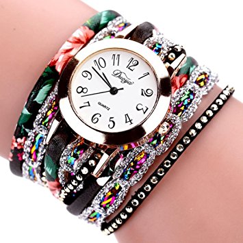 Binmer(TM) Duoya Brand Women Flower Popular Quartz Watch 2016 New Watches Luxury Bracelet Women Dress Lady Gift Flower Gemstone Wristwatch (Black)
