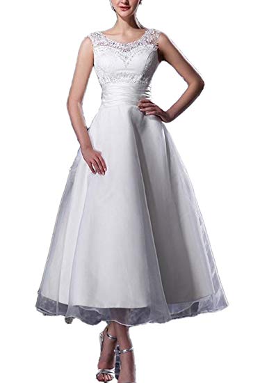 Angel Formal Dresses Women's A Line Scoop Straps Beaded Tea Length Organza Wedding Dress