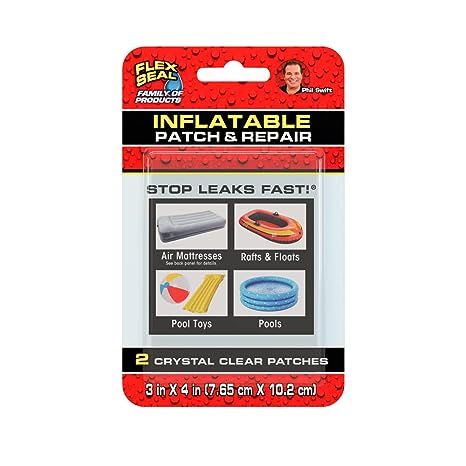 Flex Seal Inflatable Patch & Repair Kit, Use on Air Mattresses, Bounce Houses, Rafts and Floats, Pool Toys and Pools, Smooth PVC Plastic Surfaces - Kit Includes (2) Crystal Clear Patches