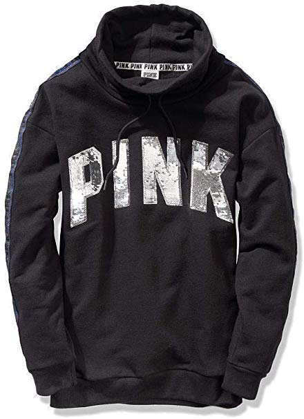 Victoria's Secret Pink Bling Campus Cowl Pullover Sweatshirt, Black, Small