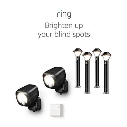 Ring Smart Lighting – Spotlight, Battery-Powered, Outdoor Motion-Sensor Security Light, Black (Starter Kit: 2-pack) – Bundle with 4 Pathlights