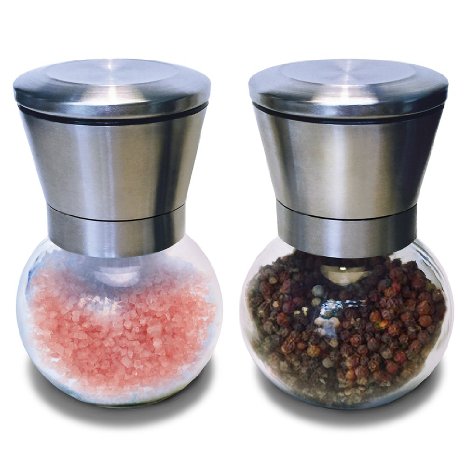 Mid Century Modern Stainless Steel Salt and Pepper Ceramic Grinder Mill Set of 2 - Hand Blown 6 Oz Glass Body Complimentary PDF Cookbook Included
