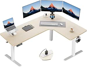 HUANUO 63″ Dual Motor L-Shaped Standing Desk, Built-in Power Outlets, Electric Height Adjustable Corner Computer Desk, Large Power Strip Holder, Sit Stand Up Desk with 3 Preset Heights, Natural Wood