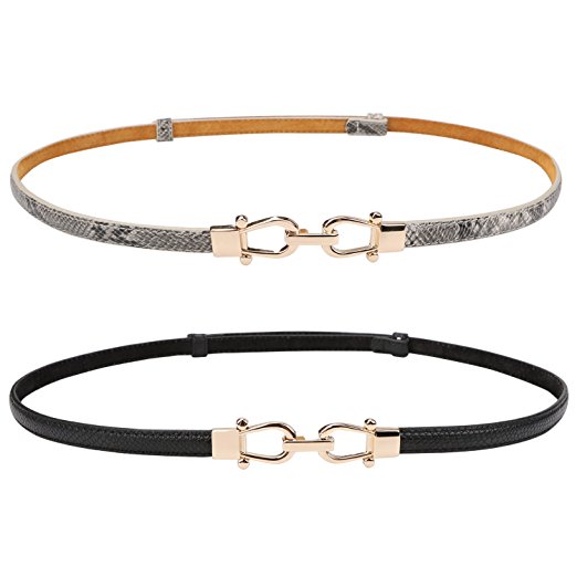 Leather Skinny Women Belt Thin Waist Belts for Dresses Up to 33"with Interlocking Buckle 2 Pack