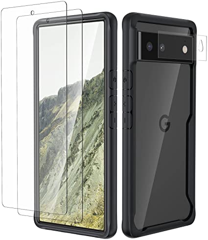 ORETECH Case Compatible for Google Pixel 6 with 2 Screen Protector Tempered Glass and 1 Camera Lens Protector,Full Body Soft Silicone Bumper with Clear Hard PC Back Case for Pixel 6 Cover 6.4" Black