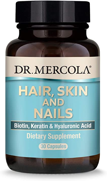 Dr. Mercola Hair, Skin & Nails, 30 Capsules (30 Servings), with Biotin, Solubilized Keratin, and Low Density Hyaluronic Acid, Non GMO, Gluten Free, Soy Free