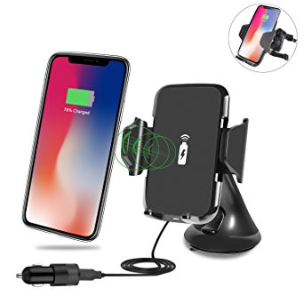 Wireless Car Charger Mount with Adapter for iPhone X, iPhone 8/8 Plus, Galaxy Note 8, S8, S8 Plus, S7, S7 Edge, S6 Edge Plus, S6 Edge, S6, Nexus 7(2nd Gen)/5/6 and More (Black)