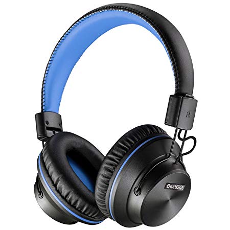 [New]BestGot Headphones with microphone over ear headphones 50mm Stereo driver In-line Volume Hi-Fi Foldable Headphones with 3.5mm plug removable cord for PC/Cell Phones (Black/Blue)