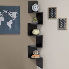 Stackable 5 Tier Oak Zig Zag Corner Wall Shelves - Black