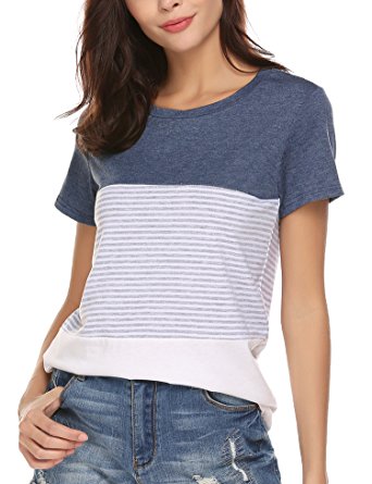 BEAUTEINE Women's Casual Short Sleeve Round Neck Striped Color Block Patchwork T-Shirt Top