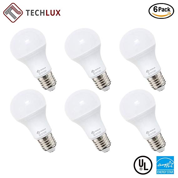 TECHLUX A19 LED Light Bulbs 40 Watt Equivalent (6W), 5000K Daylight, E26 Medium Screw Base, CRI＞80, UL Listed, ENERGY STAR, Pack of 6