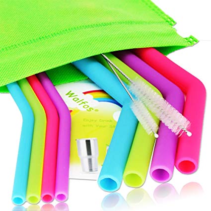 WALFOS Reusable Silicone Straws - Extra long bendy Straws for 30 oz and 20 oz Tumblers Yeti/Rtic/Ozark - 10 Pieces (4 Big Bent  4 Slim Bent  2 Cleaning Brushes ) - Food Grade & BPA FREE