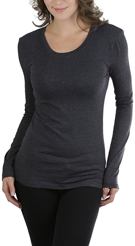 ToBeInStyle Women's Cotton-Blend Crew-Neck Staple Top with Long Sleeves