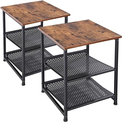 3-Tier End Tables Nightstand Sofa Side Tables 2 Pack with Adjustable Mesh Shelves for Living Room Bedroom, Industrial Wood Look Accent Furniture, Steel Frame, Easy Assembly, Rustic Brown and Black