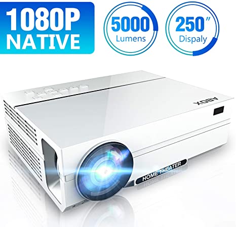 Full HD Support 1080p Video Projector, ABOX Native 1920 x 1080p Projector, 5000 Lux, 50000 Hrs, 2X HiFi Speakers,Supports TV Stick, HDMI, USB, SD Card, VGA, AV …