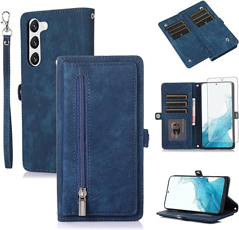 Asuwish Phone Case for Samsung Galaxy S23 5G Wallet Cover with Tempered Glass Screen Protector and Leather Flip Zipper Credit Card Holder Stand Cell S 23 23S GS23 G5 SM-S911U 6.1 inch Women Men Blue