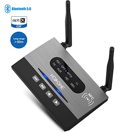 Hosome Bluetooth 5.0 Transmitter and Receiver, 265ft / 80m Long Range 3-in-1 Wireless 3.5mm Audio Adapters and Optical and RAC Cable(Aptx HD Low Latency) for TV, Home Stereo System
