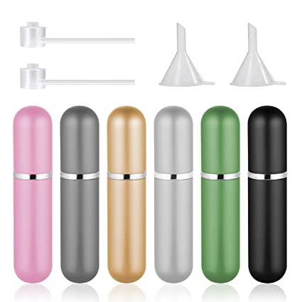 6 Pack Mini Refillable Perfume Atomizer Bottle,Empty Spray Bottle in 5 ml Compatible with 2 Pieces Perfume Dispenser Pump and 2 Funnel Filler for Travel Purse (colorful 2)