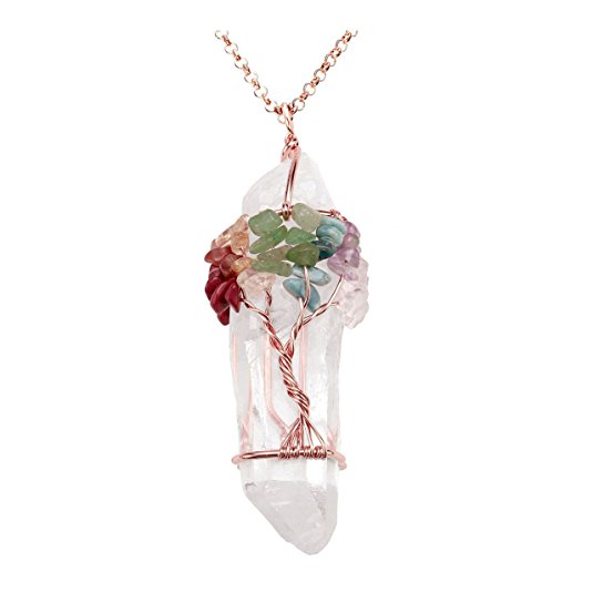 Jovivi Chakra Gemstone Tree of Life Wire Wrapped Natural Clear Quartz Healing Crystal Point Pendant Necklace