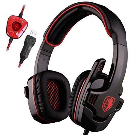 SADES SA901 Pro USB PC Gaming Headset 7.1 Surround Stereo headband Gaming headphones with Microphone Deep Bass Volume Controller with Mute function (Black Red)