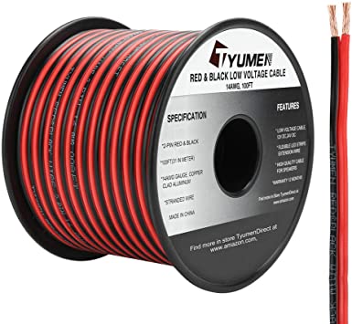 TYUMEN 100FT 14 Gauge 2pin 2 Color Red Black Cable Hookup Electrical Wire LED Strips Extension Wire 12V/24V DC Cable, 14AWG Flexible Wire Extension Cord for LED Ribbon Lamp Tape Lighting