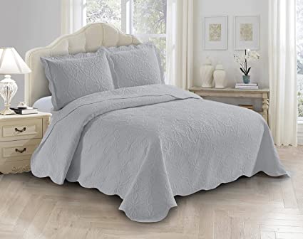 Fancy Linen 3pc Embossed Coverlet Bedspread Set Oversized Bed Cover Solid Floral Daisy Pattern New # Allis (King/California King, Silver)