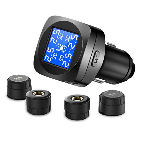 HiGoing TPMS Wireless Tire Pressure Monitoring System, LCD Display Real-time Alarm Function Cigarette lighter TPMS With 4 DIY External Sensors(0-8.0 Bar/0-116 Psi)