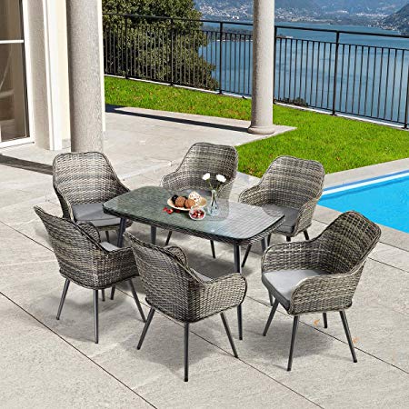 PAMAPIC 7 PCS Patio Dining Set, Outdoor Rattan Furniture Set, Wicker Sectional Seat Cushioned Sofa. Indoor Dining Table, Decoration for Patio, Garden Lawn, Indoor, Backyard, Pool. (Grey) …