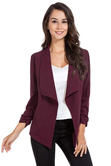 AUQCO Casual Open Front Blazer for Women Work Office Business Jacket Ruched 3/4 Sleeve Lightweight Draped Cardigan