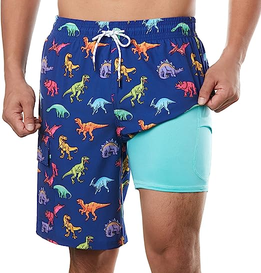 BRISIRA Mens Swim Trunks Swim Shorts with Compression Liner 9 inch Inseam Quick Dry Cargo Pocket Swimsuit Bathing Suits