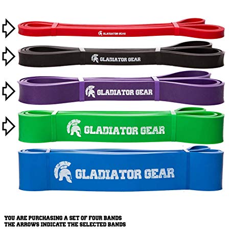 Gladiator Gear Pull Up Assist Bands Save 50% ON Sets of 4 with Illustrated Workout E-Guide | Choose from Single Resistance Band Sets | for Pull Ups Stretching, Crossfit WOD, Yoga & Powerlifting