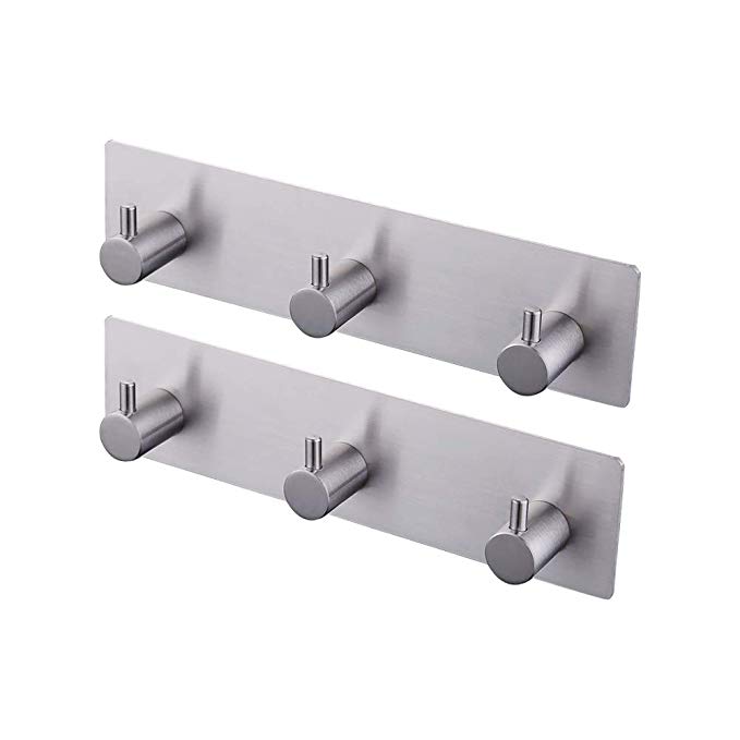 KES Self Adhesive Hooks Rail Rack Sticky Stick On Coat and Robe Key Hook SUS 304 Stainless Steel Brushed Finish 3-Hook 2-Piece, A7060H3-2-P2