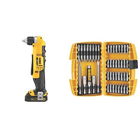 DEWALT 20V MAX Right Angle Cordless Drill/Driver Kit (DCD740C1) with DEWALT DW2166 45 Piece Screwdriving Set with Tough Case