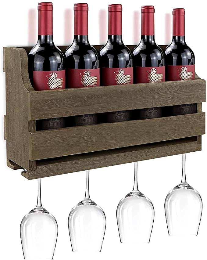 LadyRosian Wood Wall Mounted Wine Rack, Wall Shelf Kitchen Decor, Decorative for Home Bar, Holds 5 Wine Bottles with 5 Stemware Glasses Holder (Retro Color)