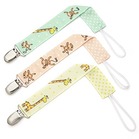 Pacifier Clip - 3 Pack, Unisex - Unique 2-Sided Jungle Stars Design, Pacifier Holder Set for Girls and Boys - Best Binky Leash for Teething Toys, Baby Blankets, Soothie - Perfect Baby Shower Gift