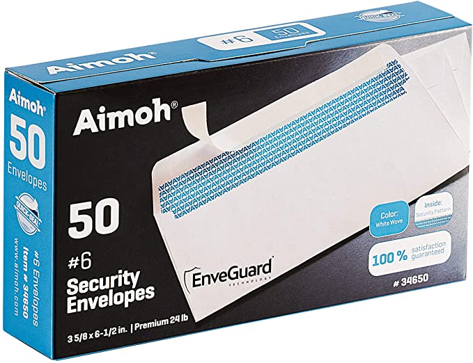 50 #6 3/4 Security Tinted Self-Seal Envelopes - No Window, EnveGuard, Size 3-5/8 X 6-1/2 Inches - White - 24 LB - 50 Count (34650)