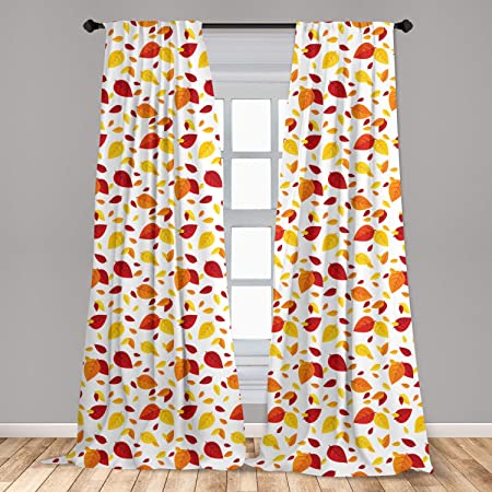 Ambesonne Leaf 2 Panel Curtain Set, Colorful Fall Autumn Leaves on White Background Seasonal Design Modern Artwork, Lightweight Window Treatment Living Room Bedroom Decor, 56" x 63", Yellow Orange