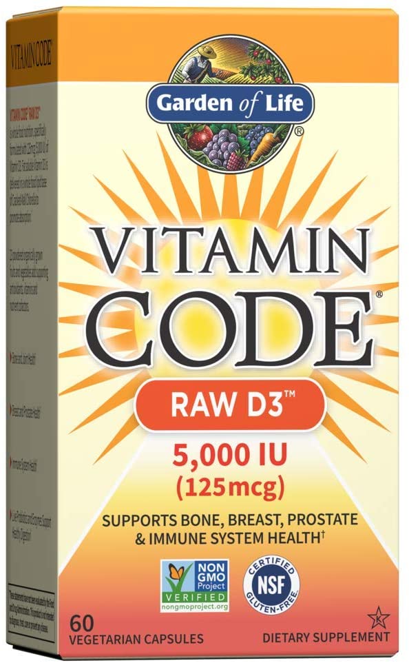 Garden of Life Vitamin D, Vitamin Code Raw D3, Vitamin D 5,000 IU, Raw Whole Food Vitamin D Supplements with Chlorella, Fruit, Veggies & Probiotics for Bone & Immune Health, 60 Vegetarian Capsules