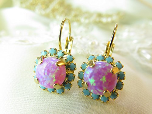 Pink Opal Swarovski Crystal Elements 14k gold plated turquoise accent stones Lever Back Clasp