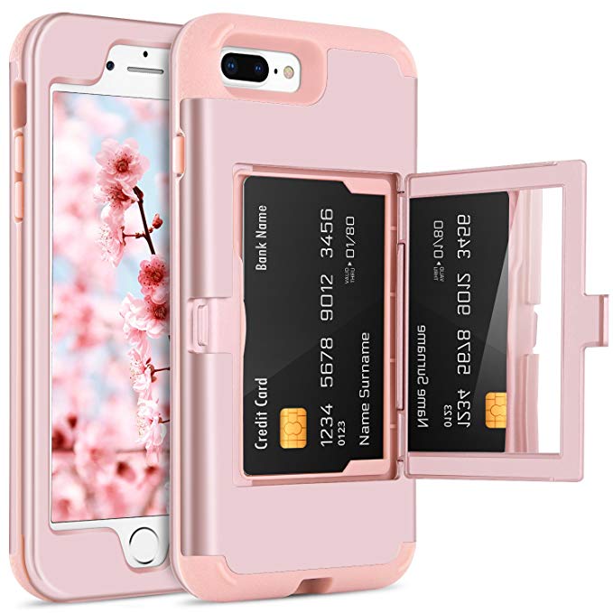 BENTOBEN Case iPhone 7 Plus/8 Plus, Credit Card Holder Slot Handy Mirror Women Girly Style Hard PC Soft TPU Rubber Heavy Duty Shockproof Protective Cellphone Cover Apple iPhone7 /8 , Rose Gold