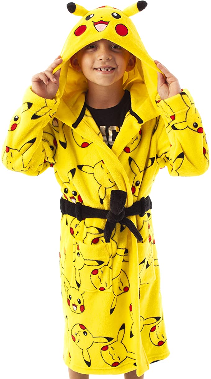 Pokemon Dressing Gown Pikachu Face Yellow Kids Pocket Bathrobe