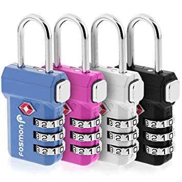 Fosmon TSA Approved Luggage Locks, (4 Pack) Open Alert Indicator 3 Digit Combination Padlock Codes with Alloy Body and release button for Travel Bag, Suit Case & Luggage - Black, Blue, Pink, Silver
