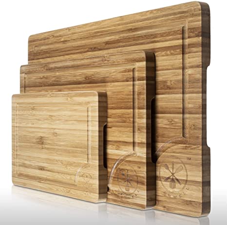 3 Piece Bamboo Cutting Board Set, Serving Vegetables Meat Kitchen Chopping Butcher Block with Deep Juice Grooves