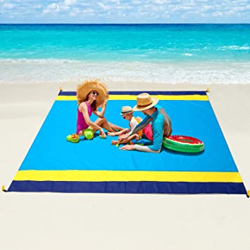 WIWIGO Sandproof Beach Blanket, Oversized Sand Free Beach Mat 79" X 82" Suitable for 4-7 Adults, Waterproof Lightweight Picnic Mat for Travel, Camping, Hiking (Blue Yellow)