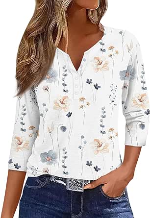 3/4 Length Sleeve Womens Tops Button Down Summer Henley Neck T Shirts Plus Size Blouses Floral Print Tees