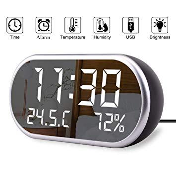 OLLIVAN Digital Alarm Clock, Portable Mirror LED Alarm Clock with Time/Humidity/Temperature Display Functions, 2 USB Ports Charge with 3 Brightness Modes for Bedroom (Black)