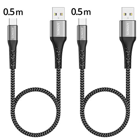 SUNGUY Short USB C Lead 0.5M 2Pack Braided 3A Fast Charge and Data Sync Type C Cable for Samsung S10/S9/S8,Moto G7/G6,Redmi Note 7/ Note 7 Pro
