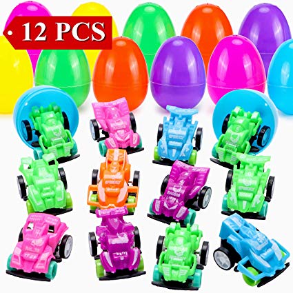 Sizonjoy 12 PCS Easter Eggs with Mini Pull Back Racing Cars Inside -2.36" Jumbo Plastic Eggs Filled with Pull Back Vehicles for Boys/Toddlers/Kids for Easter Hunt Party