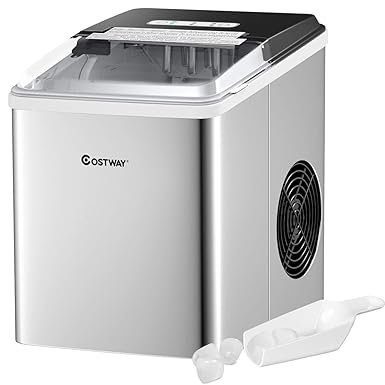 COSTWAY Countertop Ice Maker, Self-Cleaning Function, Ice Cubes Ready in 7 Minutes, 26LBS/24H Portable Stainless Steel Tabletop Ice Machine with Ice Scoop and Basket, Perfect for Home, Bar, Silver